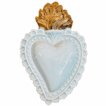 Cuore Ex-voto in ceramica bianca con fiamma oro, dipinto a mano. Sartoria Luminarie