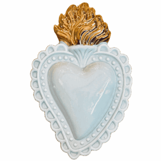 Cuore Ex-voto in ceramica bianca con fiamma oro, dipinto a mano. Sartoria Luminarie