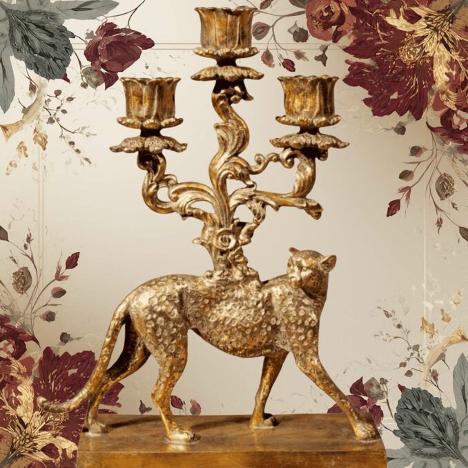 candelabro ghepardo dorato in resina Sartoria luminarie bologna