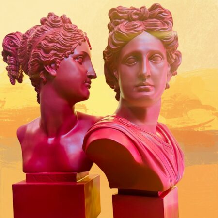 Busto Apollo e Venere rosso magenta in resina Sartoria luminarie Bologna