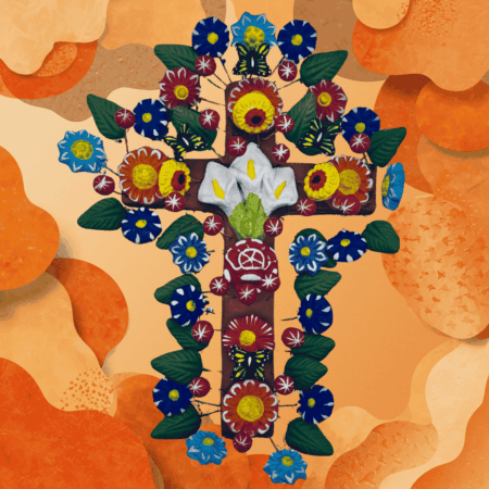 croce messicana in terracotta con fiori variopinti Sartoria Luminarie bologna