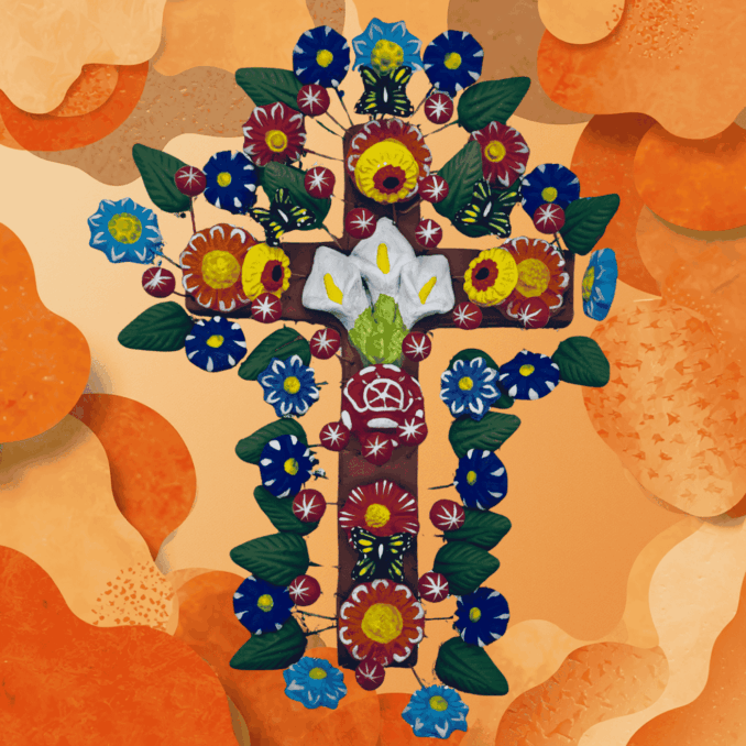 croce messicana in terracotta con fiori variopinti Sartoria Luminarie bologna