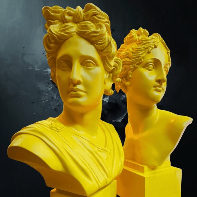 Busti Apollo e Venere giallo in resina Sartoria luminarie Bologna
