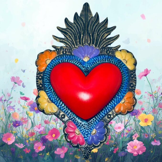 Sacro cuore abanico ex-voto messicano  latta con fiori sartoria luminarie bologna