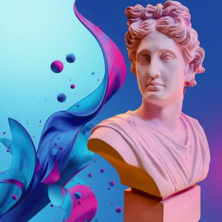 Busto Apollo rosa glicine giallo in resina Sartoria luminarie Bologna