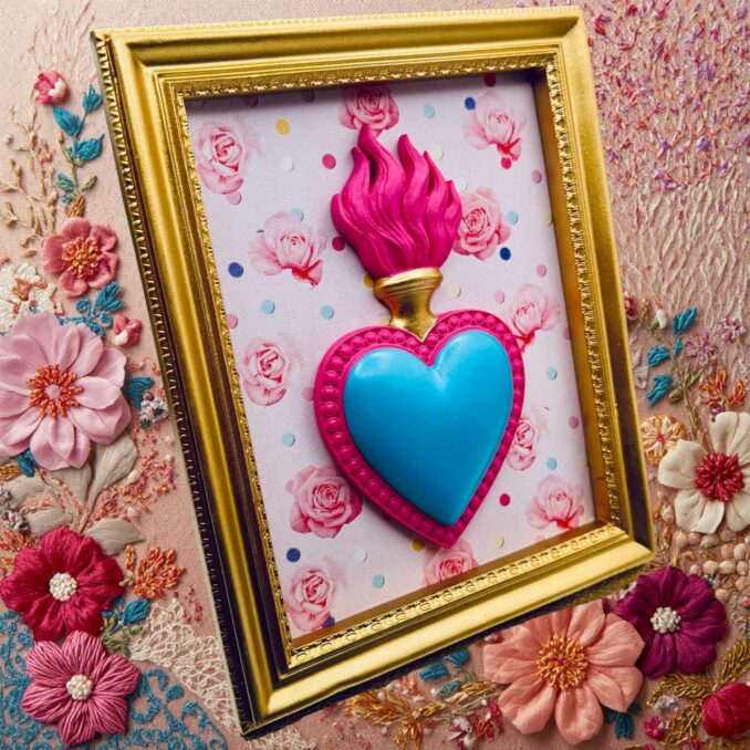 cornice rettangolare pop con cuore votivo e sfondo roselline Sartoria Luminarie Bologna
