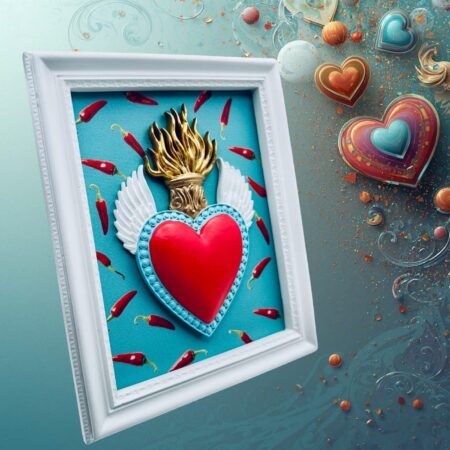 cornice rettangolare pop con cuore votivo e sfondo peperoncini Sartoria Luminarie Bologna