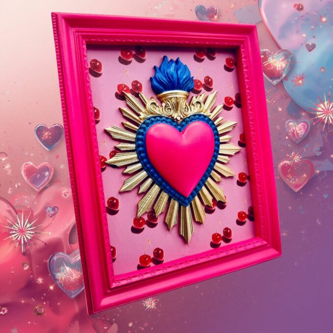 cornice rettangolare pop con cuore votivo e sfondo ciliegie Sartoria Luminarie Bologna