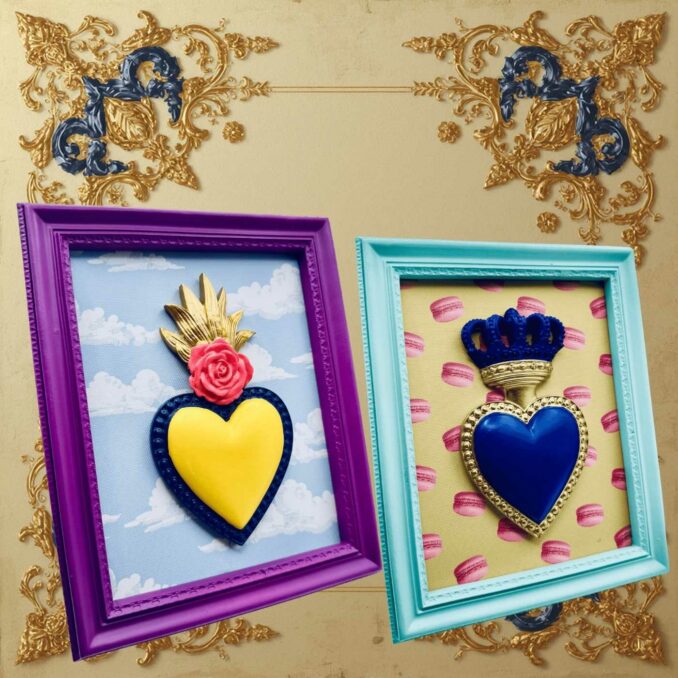 cornice rettangolare pop con cuore votivo e sfondo macarones Sartoria Luminarie Bologna
