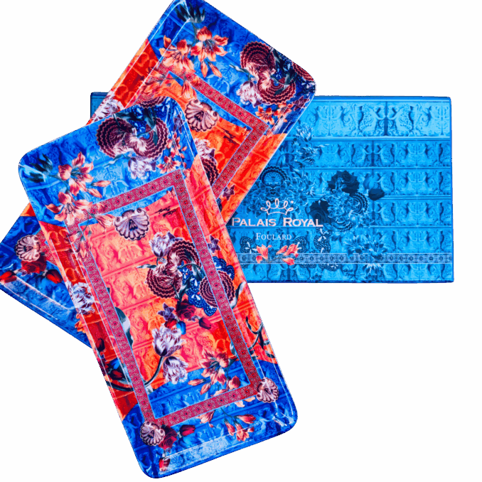Vassoio rettangolare disegno foulard orange in porcellana sartoria luminarie Bologna