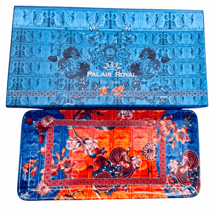 Vassoio rettangolare disegno foulard orange in porcellana sartoria luminarie Bologna