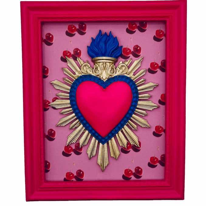 cornice rettangolare pop con cuore votivo e sfondo ciliegie Sartoria Luminarie Bologna