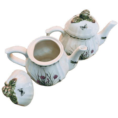 teiera Inglese in porcellana stile Regencydisegni botanici Sartoria luminarie Bologna