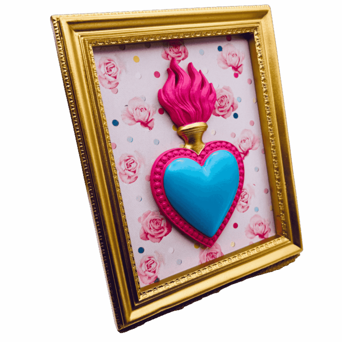 cornice rettangolare pop con cuore votivo e sfondo roselline Sartoria Luminarie Bologna