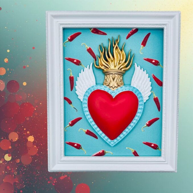 cornice rettangolare pop con cuore votivo e sfondo peperoncini Sartoria Luminarie Bologna
