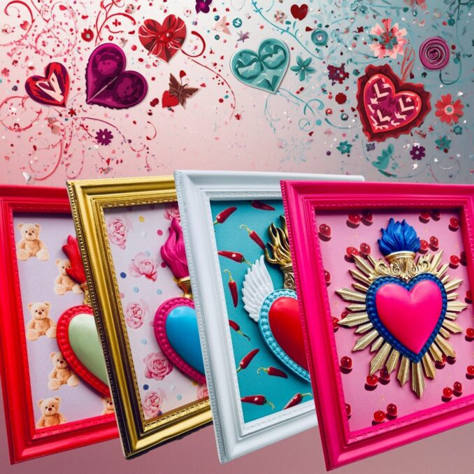 cornice rettangolare pop con cuore votivo e sfondo Sartoria Luminarie Bologna