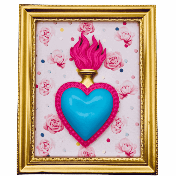 cornice rettangolare pop con cuore votivo e sfondo roselline Sartoria Luminarie Bologna