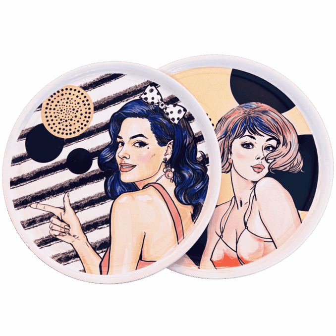 Piatto pizza in ceramaca volti pin-up girls Sartoria Luminarie Bologna