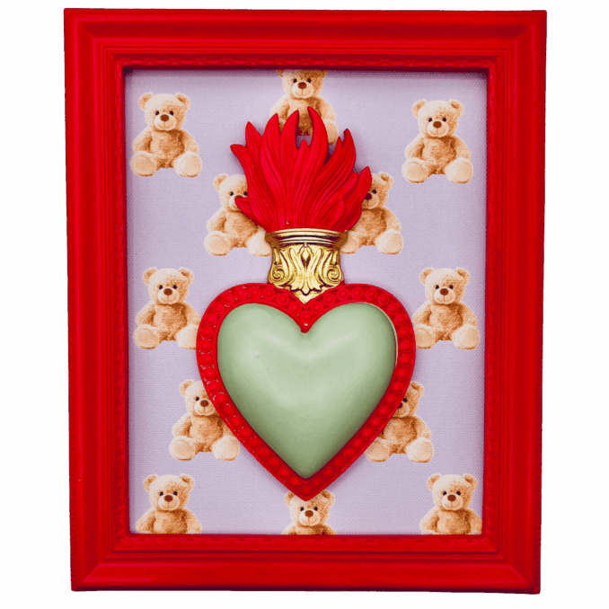 cornice rettangolare pop con cuore votivo e sfondo orsetto Sartoria Luminarie Bologna
