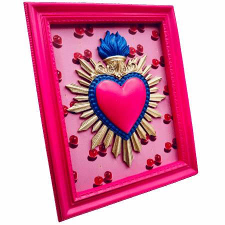 cornice rettangolare pop con cuore votivo e sfondo ciliegie Sartoria Luminarie Bologna
