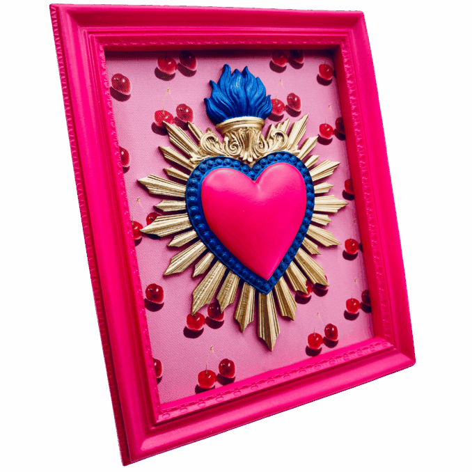 cornice rettangolare pop con cuore votivo e sfondo ciliegie Sartoria Luminarie Bologna