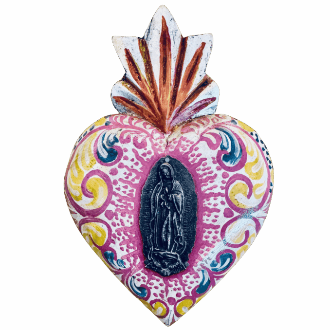 Cuore Oaxaca con Madonna di Guadalupe dipinto a mano Sartoria Luminarie Bologna