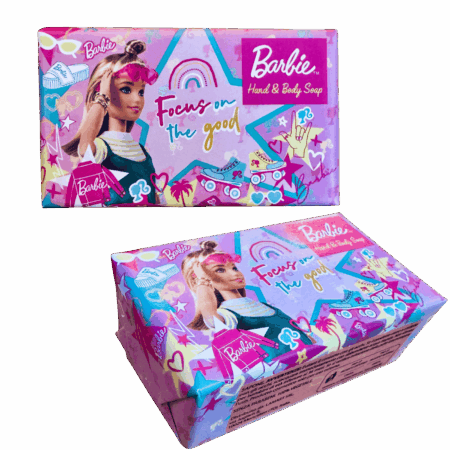 Saponi BARBIE  FOCUS ON THE GOOD prodotti di cura e bellezza, hand and body da Sartoria Luminarie a Bologna.