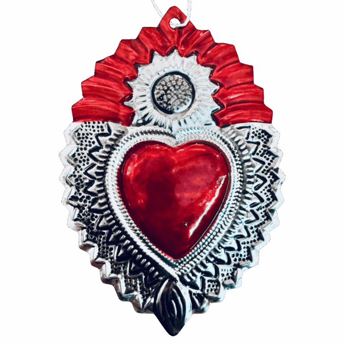 Cuore votivo messicano piccolo smalto rosso e argento in latta Sartoria luminarie Bologna