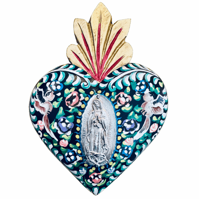 Cuore Oaxaca con Madonna di Guadalupe dipinto a mano Sartoria Luminarie Bologna