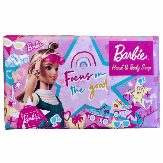 Saponi BARBIE  FOCUS ON THE GOOD prodotti di cura e bellezza, hand and body da Sartoria Luminarie a Bologna.
