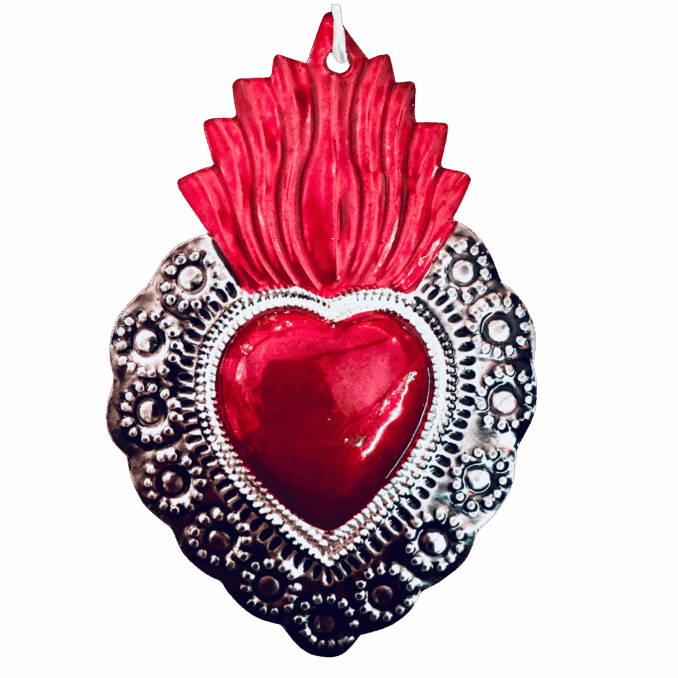 Cuore votivo messicano piccolo smalto rosso e argento in latta Sartoria luminarie Bologna