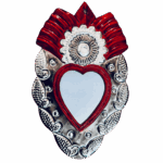 Cuore votivo messicano grande in latta argento  e smalto rosso con specchio Sartoria Luminarie Bologna