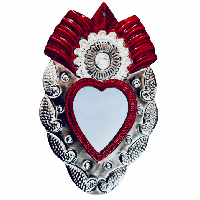 Cuore votivo messicano grande in latta argento  e smalto rosso con specchio Sartoria Luminarie Bologna