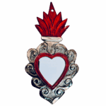 Cuore votivo messicano grande in latta argento  e smalto rosso con specchio Sartoria Luminarie Bologna