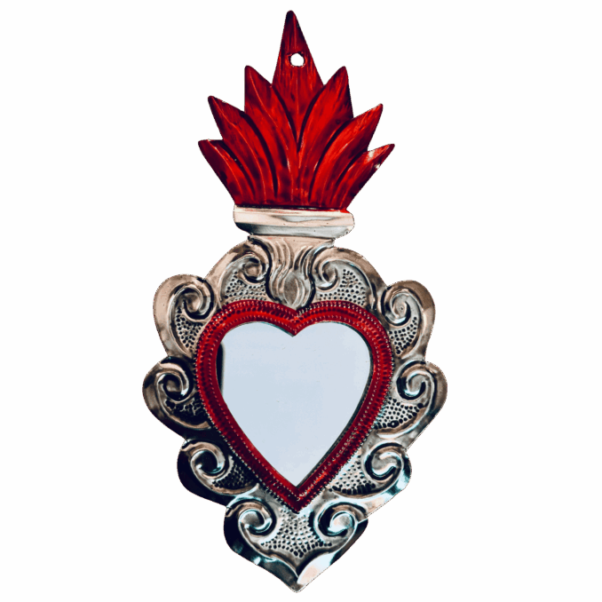 Cuore votivo messicano grande in latta argento  e smalto rosso con specchio Sartoria Luminarie Bologna