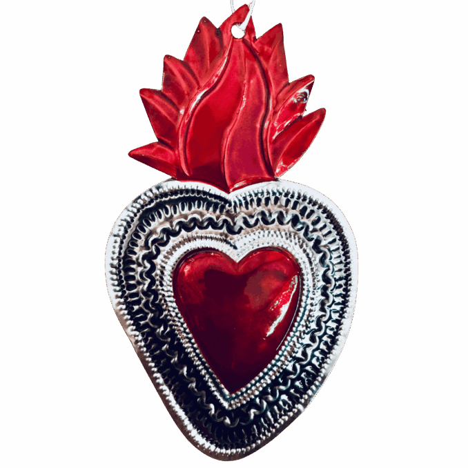 Cuore votivo messicano piccolo smalto rosso e argento in latta Sartoria luminarie Bologna