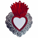 Cuore votivo messicano grande in latta argento  e smalto rosso con specchio Sartoria Luminarie Bologna