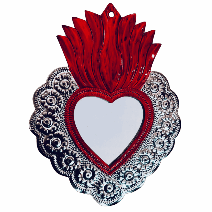 Cuore votivo messicano grande in latta argento  e smalto rosso con specchio Sartoria Luminarie Bologna
