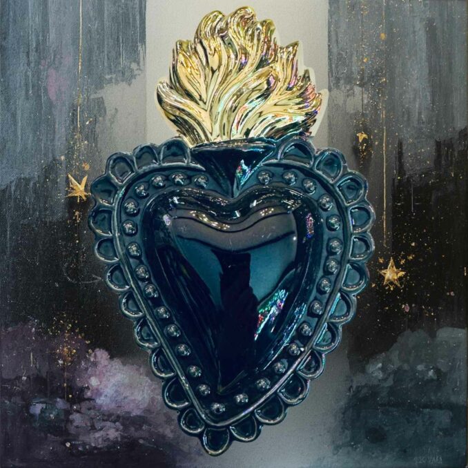 Cuore Ex-voto in ceramica Nero dipinto a mano. Sartoria Luminarie