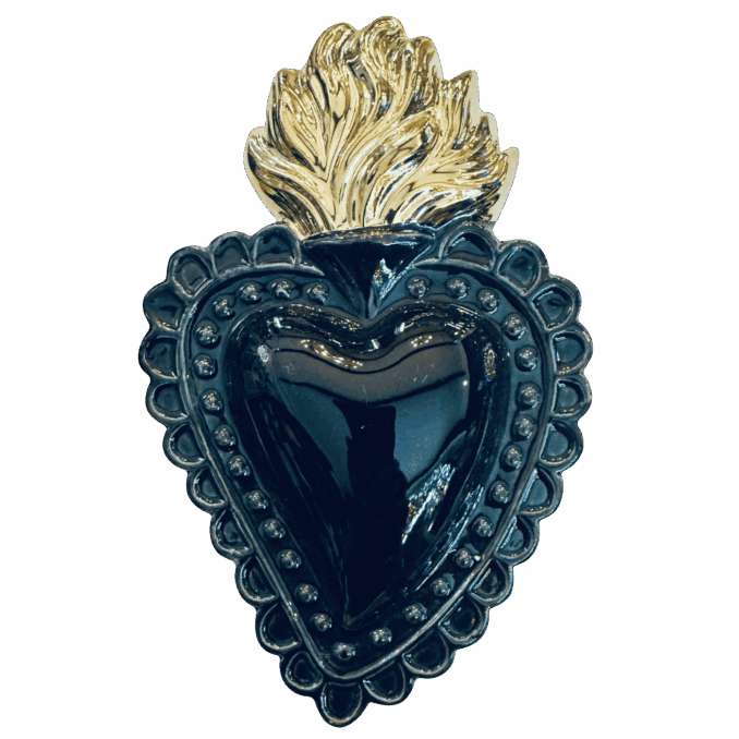 Cuore Ex-voto in ceramica Nero dipinto a mano. Sartoria Luminarie